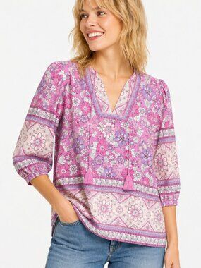 New Umgee M 8 10 Lavender Kalamkari Floral Border Print Rayon Tassel Tie Top